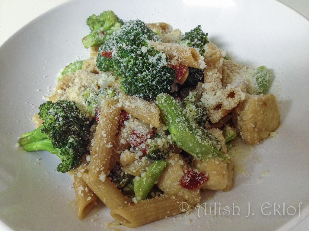 Whole wheat penne, with chicken, brocolli, and sun-dried tomatoes